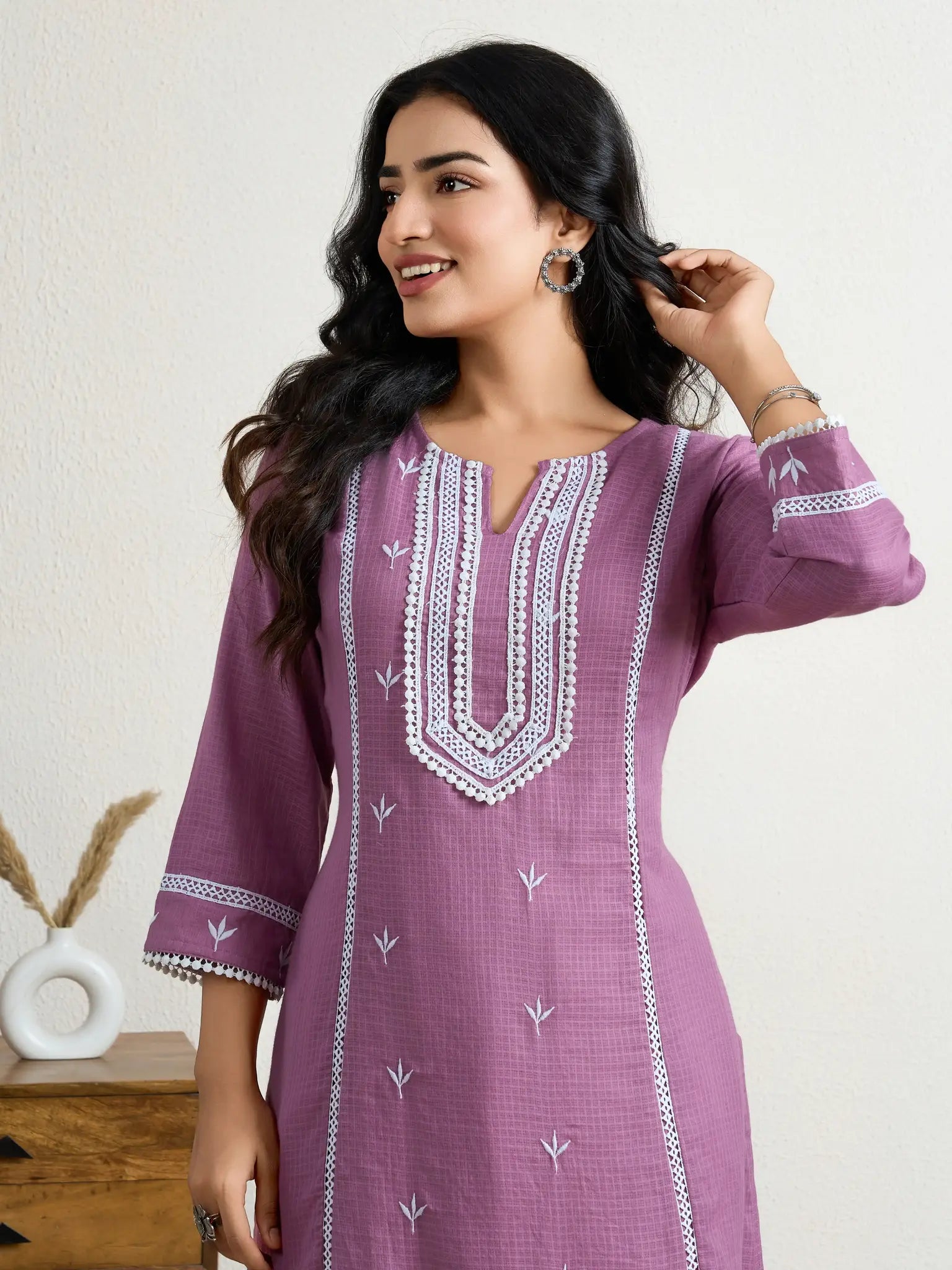 Purple lace yoke kurta