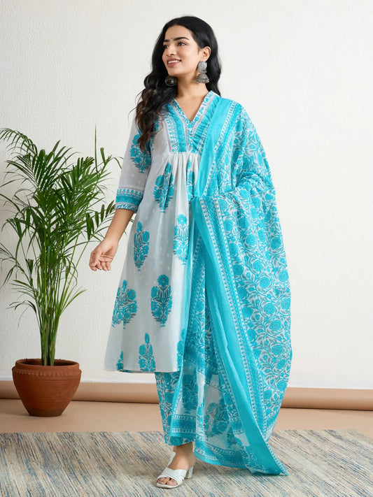 Aqua blue printed Suit set