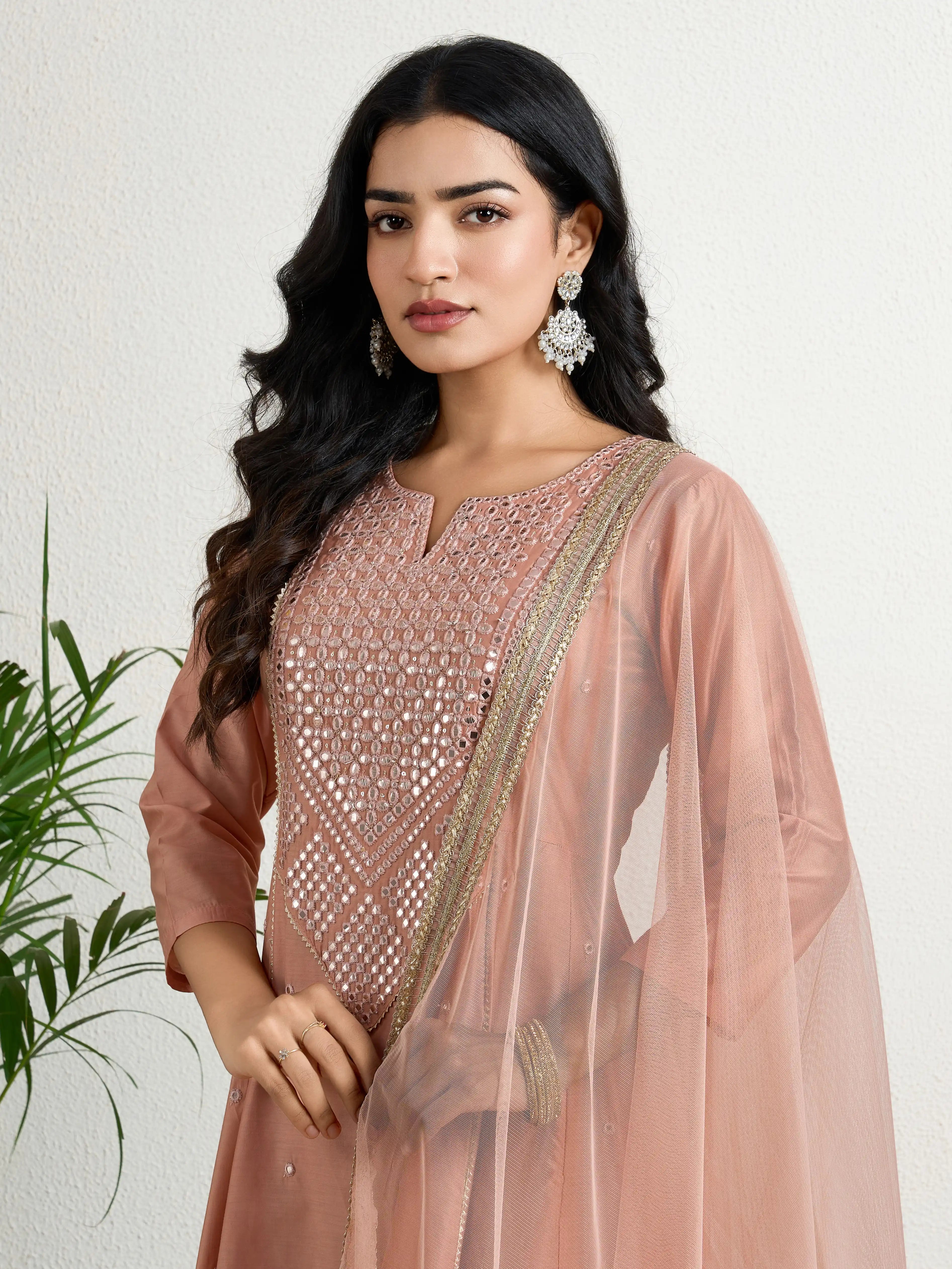 Peach yoke Embroidery suit set