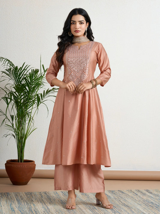 Peach yoke Embroidery suit set